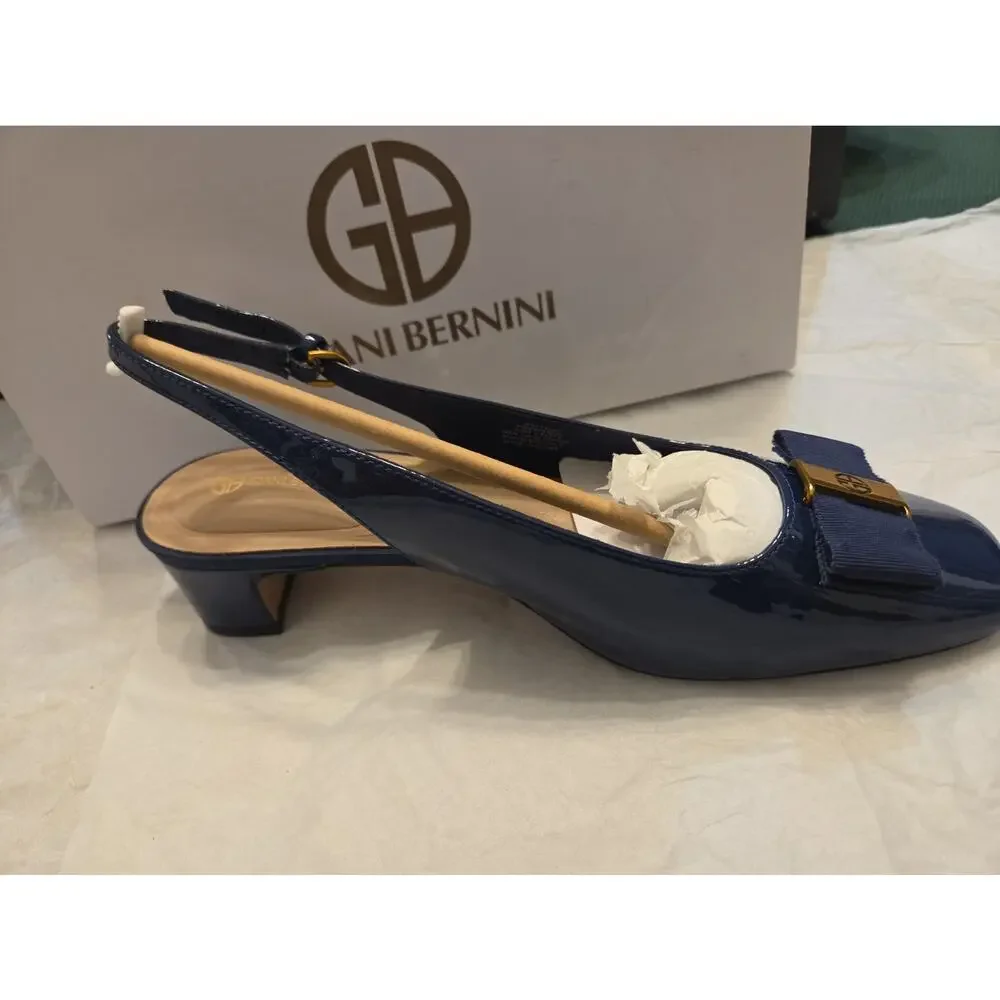Women's Giani Bernini Battah Block Heel Slingback Pumps Navy Patent Us 6.5